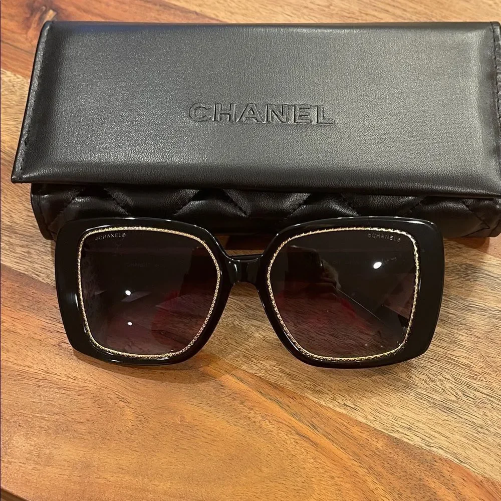 CHANEL Black and Gold Square Sunglasses New
